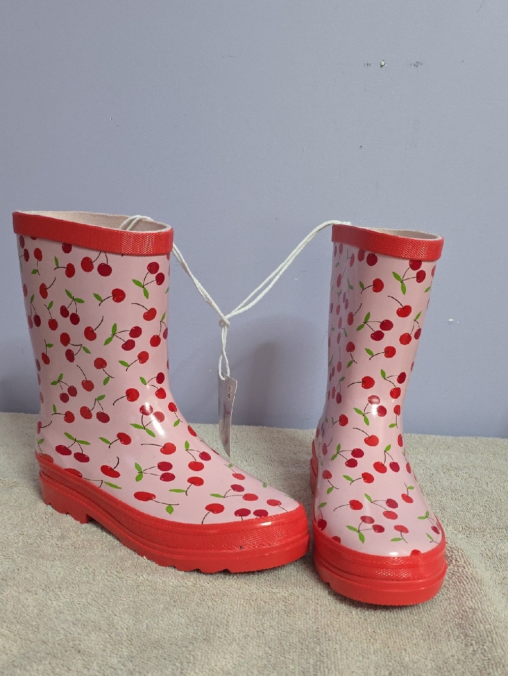 Kids Cherry Print Pink Rain Boots with Red Trim - Picture 4 of 9